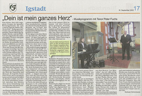 Zeitungsartikel zum Konzert "Dein ist mein ganzes Herz", 10. September 2022, Evangelische Kirche in Wiesbaden Igstadt